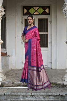 Saree Fabric : Raw Silk Saree Color :Magenta pink Saree Length : 5.5 Meter Blouse Length : 0.8 Meter Blouse Color : Same as Border Color Saree Border : Contrast Woven Border All Over Wash : Dry Clean Pink Raw Silk Pre-draped Saree With Dupatta, Festive Pink Raw Silk Pre-draped Saree, Designer Raw Silk Pink Saree, Traditional Pink Katan Silk Pre-draped Saree, Pink Raw Silk Pre-draped Saree For Puja, Pink Raw Silk Traditional Wear For Navratri, Pink Raw Silk Pre-draped Saree With Cutdana, Pink Raw Silk Traditional Wear With Pallu, Pink Banarasi Silk Pre-draped Saree