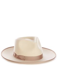 From Gigi Pip&#x2C; the Monroe Rancher Hat features: Teardrop crown with stiff&#x2C; upturned brim Adorned with a tonal grosgrain band on the crown and brim Australian wool Adjustable inner band Approx. 4.13" (crown) & 3.46" (brim)Imported. Luxury Cream Hat With Short Brim, Luxury Curved Brim Fedora, Luxury Felt Hat With Curved Brim, Luxury Cream Flat Brim Hat, Cream Fur Felt Fedora With Curved Brim, Luxury Adjustable Felt Hat With Curved Brim, Luxury Adjustable Curved Brim Felt Hat, Monroe Hat, Cream Hat