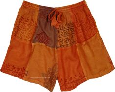 A fun pair of handmade cotton patchwork shorts, these soft cotton orange shorts with hippie prints are a perfect match for a day full of frolic! The summer shorts feature a pocket on either side for your essentials.  It`s made of cotton fabric in a patchwork of slightly different shades of orange and is also lined with a soft cotton layer to give it some body. #tlb #bohemianfashion #Handmade #HippieShorts #BeachShorts Summer Festival Shorts With Patchwork, Brown Bohemian Shorts, Orange Cotton Shorts, Orange Cotton Bottoms For Festival, Orange Cotton Festival Bottoms, Summer Orange Patchwork Bottoms, Bohemian Brown Shorts For Summer, Brown Bohemian Shorts For Summer, Bohemian Brown Shorts For Vacation