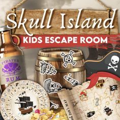 there is a sign that says skull island kids escape room with pirate items around it