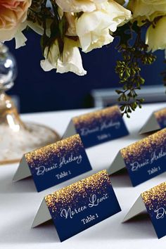 Navy and gold folding place cards for wedding Navy Blue And Gold Wedding, Starry Night Wedding, Rustic Wedding Decorations, Boda Diy, Wedding Place Card, בר מצווה, Wedding Centerpieces Diy, Navy Blue Wedding, Navy Wedding