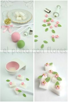 four different pictures with flowers on them and some cake decorating tools in the middle