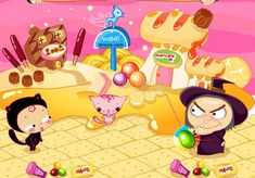 an image of some cartoon characters in front of cakes and candys on the table