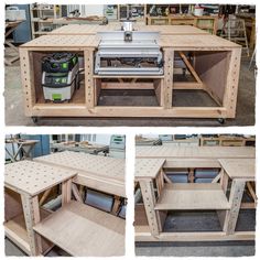 four different views of a workbench made out of plywood