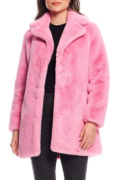 Layer up for colder weather without compromising on glamour in a cozy notch-collar jacket crafted from luxuriously plush faux mink fur. 32" length Front hook-and-eye closure Notched collar Side-seam pockets Lined, with 100% polyester fill 100% polyester faux fur Machine wash, line dry Imported Pink Faux Fur Coat, Mink Jacket, Fabulous Furs, Cozy Jacket, Pink Faux Fur, Jean Shirt Dress, Notch Collar, Mink Fur, Notched Collar