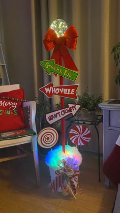 a christmas decoration with candy canes and street signs