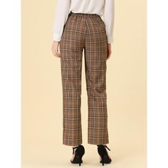 These pants are essential for dressing up or down. Lightweight fabric, covered in a plaid pattern, shapes these trendy trousers with a high-rise fit. How it is a bit high waist and how it gathers at the waist adding shape to the body. You may love everything about these trousers, from their regular fit to the elastic high-waist, which could double as a hiding mechanism for women with love handles. Style these trousers with a crop top and heels for the ultimate look. This fashionable and trendy c Trendy Plaid Pants For Workwear, Casual Plaid Bottoms, Casual Plaid Office Bottoms, Casual Plaid Bottoms For Office, Casual Plaid Office Pants, Casual Plaid Pants For Office, High Waist Plaid Bottoms For Business Casual, Non-stretch Plaid Pants For Fall, Casual Plaid Bottoms For Workwear