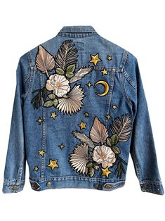 Our jackets are hand picked vintage pieces, each with its own individual story to tell. Using embroidery and embellishments these once unloved objects are transformed into pieces of art, to be cherished forever. Our embroidery for the jackets are designed and sewn in house, all original designs that you won’t find anywhere else. Bespoke Denim, Jean Jacket Design, Denim Jacket Embroidery, Boho Embroidery, Painted Jacket, Unique Jackets