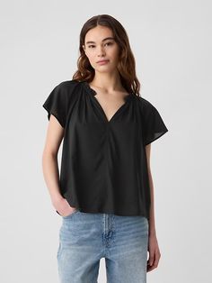 Splitneck Flutter Sleeve Top | Gap Factory Flowy Split Neck Summer Tops, Spring Rayon Top With Split Neck, Chic Flowy Blouse With Split Neck, Chic Flowy Split Neck Blouse, Casual Ruffled Viscose Blouse, Chic Ruffle Sleeve Rayon Blouse, Chic Rayon Blouse With Ruffle Sleeves, Casual Ruffled Split Neck Blouse, Chic Short Sleeve Tops With Gathered Neckline