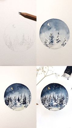 four different pictures of trees and moon in the sky with watercolor pencils on paper