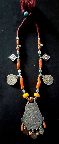 Morocco - Beautiful silver berber necklace made of genuine coral and amber beads | eBay Traditional Silver Carnelian Jewelry, Silver Gemstone Beads Amulet Jewelry, Silver Amulet Jewelry With Gemstone Beads, Traditional Silver Carnelian Necklace, Bohemian Amber Jewelry With Silver Beads, Silver Beaded Carnelian Necklace, Silver Beaded Carnelian Necklaces, Silver Carnelian Beaded Necklace, Bohemian Amber Jewelry With Large Pendant