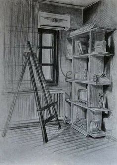 this is a drawing of a room with bookshelves and other items in it