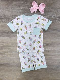 Ice Cream All Night Girls Short Sleeve Pajama Set - Sydney So Sweet Sweet Sleepwear For Spring Sleepover, Sweet Sleepwear For Sleepover In Spring, Sweet Sleepwear For Sleepovers In Spring, Sweet Spring Sleepwear, White Pajama Party Sets For Spring, White Spring Pajama Party Sets, Green Sleep Sets For Summer, Green Sleepwear Sets For Summer, Playful White Cotton Sleepwear