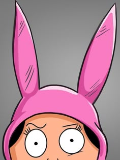 a cartoon character wearing a pink bunny suit with big eyes and an angry look on his face