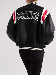 Shop CELINE HOMME Teddy Logo-Appliquéd Satin Varsity Jacket, Explore the latest in-season CELINE HOMME collection today on MR PORTER Luxury Streetwear Outerwear With Baseball Collar, Luxury Varsity Jacket With Baseball Collar, Luxury Outerwear With Baseball Collar For Streetwear, Luxury Long Sleeve Varsity Jacket For College, Luxury Varsity Jacket With Embroidered Logo For Fall, Luxury Varsity Jacket For College In Fall, Luxury Embroidered Varsity Jacket For Fall, Luxury Fall Varsity Jacket For College, Luxury Streetwear Varsity Jacket With Padded Collar