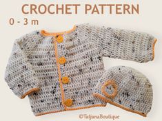 a crochet baby sweater and hat is shown with the words, crochet pattern 0 - 3m