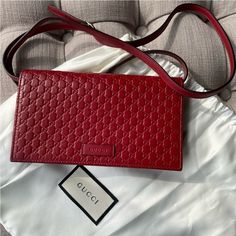 GUCCI Microguccissima Crossbody Wallet in Red Crossbody Wallet, Leather Interior, Red Leather, Calf Skin, Dust Bag, Shoulder Strap, Gucci, Wallet, Red