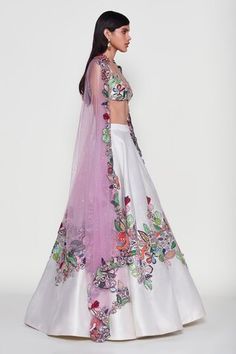 Ivory panelled lehenga featuring placed floral garden applique motifs, embellished by sequins, beads and lined with threadwork. Comes with embellished blouse and cut-out border dupatta. - Aza Fashions Panelled Lehenga, Aisha Rao, Embellished Blouse, Floral Garden, Set Women, Raw Silk, Aza Fashion, Lehenga, Magnolia