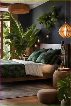 a bedroom with green plants in the corner