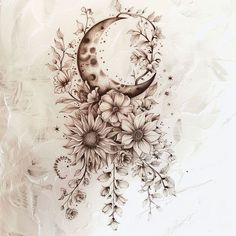 a drawing of a crescent with flowers on it