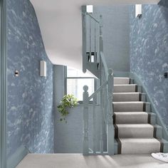 a staircase with blue wallpaper and white carpeting next to a potted plant