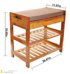 a wooden shoe rack with a cushion on top and measurements for the bottom shelf below