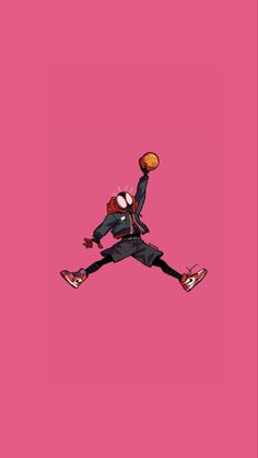 a person jumping up into the air with a basketball in their hand on a pink background