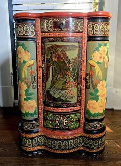 Beautiful hand painted Asian cabinet with mother of pearl inlaid on the top Asian Cabinet, Asian Flowers, Pearl Top, Bird Motif, Red Lacquer, Pull Out Drawers, Open Doors, Console Tables, Antique Style