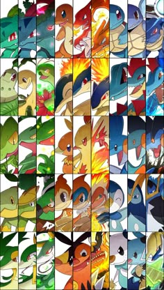 many different types of pokemon characters in various colors and sizes, all with different faces