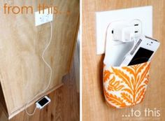 an orange and white cell phone holder attached to a wooden wall with the words, from this