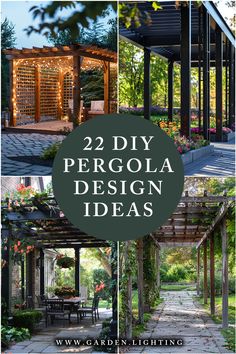 a collage of photos of pergola designs and patio lighting Pagola Ideas Pergolas Outdoor Spaces, Patio Designs And Ideas Layout Pergolas, Garden Pagoda Ideas Pergolas Patio, Custom Pergola Design, Outdoor Deck Covering Ideas, Decking Pergola Ideas, Pergola Corner Ideas, Pergola Designs Modern, Long Pergola Ideas