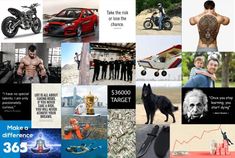 a collage of photos with people, cars, and other things in them that include money