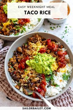 two bowls filled with taco rice and guacamole