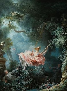 a painting of a woman in a pink dress swinging on a swing with other people around her