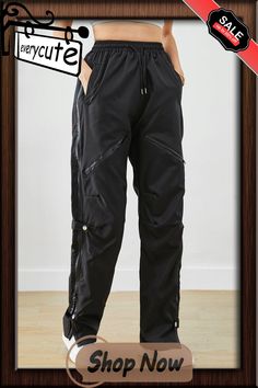 Chic Black Zip Up Patchwork Pockets Spandex Overalls Pants Fall Black Stretch Cargo Trousers, Black Stretch Techwear Parachute Pants, Black Stretch High-waisted Cargo Pants, Stretch Black Cargo Pants, Black Stretch High Waist Parachute Pants, Black Stretch Techwear Pants, Fitted Black Parachute Pants For Fall, Trendy Black Stretch Cargo Pants, Black Fitted High-waisted Parachute Pants