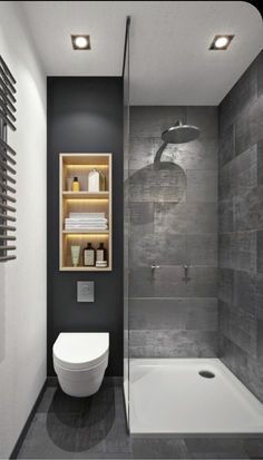 a modern bathroom with black and white walls