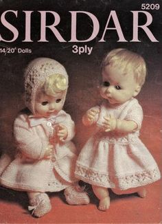 two dolls are standing next to each other in white dresses and bonnets, with the words sirdar printed on them