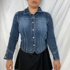 Y2K Euro Style Stretch Denim Jacket Label: A.M.I. Material: 89% Cotton 9% Polyester 2% Spandex Size: best fits modern small - medium (label size S) , refer to measurements Excellent Vintage Condition - a few loose threads, see last photo. Nothing major. model is 5'5 & wears a medium 6/8 MEASUREMENTS IN INCHES (laid flat + unstretched double where needed) : Shoulder: 15.5 BUST: 19 WAIST: 16.5 LENGTH: 21.5 Each vintage piece has been preloved. Minor fading + wear is expected & often adds to the character. All items are cleaned & from a smoke & pet free building. We hope you appreciate this find as much as we do. Medium Wash Stretch Denim Jacket With Long Sleeves, Fitted Long Sleeve Denim Jacket In Medium Wash, Dark Wash Stretch Denim Jacket With Long Sleeves, Fitted Denim Y2k Top, Fitted Y2k Denim Top, Fitted Long Sleeve Denim Jacket With Buttons, Fitted Long Sleeve Denim Jacket, Fitted Long Sleeve Denim Jacket For Fall, 90s Long Sleeve Denim Jacket With Button Closure