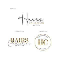 three logos for hair salons, including one with gold foil and the other with black lettering