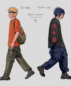 two anime characters are walking side by side