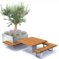 a wooden table and bench with a planter on top