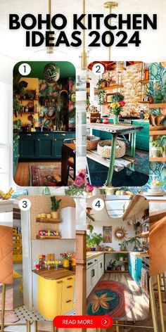 an advertisement for boho kitchen ideas with pictures of chairs and tables in different rooms