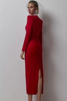 Midi Work Dress, Red Evening Gown, Dress For Everyday, Midi Dress Work, Long Sleeve Bandage Dress, Glitter Wedding Dress, Formal Dresses With Sleeves, Long Red Dress, Bandage Midi Dress