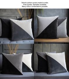 four different pillows with black and white designs