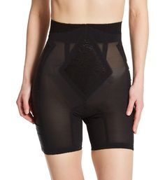 This sheer mesh panty girdle shapes your tummy, thighs, and lower midriff. Front has diamond-shaped control panel with floral lace overlay. The elastic waistband stops at the high waist and will not roll up. Wide side panels are satin that stretches and contours to your shape. Made of nylon and spandex. High, no-roll waistband features tall, sewn-on elastic with looped picot edge. Diamond front control panel has a pretty floral lace overlay. Mesh body of shaper is semi-sheer, with tummy and rear Sheer Nylon Short Bottoms, Sheer Short Nylon Bottoms, Sheer Nylon Shorts, Sheer Nylon Brief Bottoms, Sheer High-waisted Fitted Bottoms, Sheer Fitted High-waist Bottoms, Sheer Fitted High Waist Bottoms, Elegant Compression Shapewear With High-cut Leg, Elegant Fitted Shapewear With Short Leg