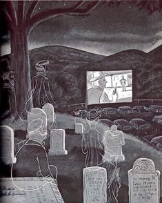 a black and white drawing of people in a cemetery looking at a tv screen on the wall