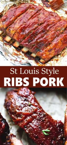 st louis style ribs pork is shown in three different photos with the title above it