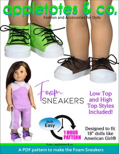 No-Sew Foam Sneakers 18 Inch Doll Pattern – Appletotes & Co. Sew Doll, Journey Girl Dolls, Two Cool, Girls Clothes Patterns, American Girl Patterns, American Girl Crafts, American Girl Doll Patterns, Journey Girls, Sneakers Patterns