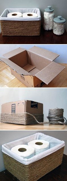 three pictures showing different types of boxes with toilet paper on top and in the bottom