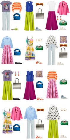 A white background with 12 outfits for a 12 Piece Colourful Summer Capsule Wardrobe. Bright Colored Outfits, Colorful Wardrobe, Colour Combinations Fashion, Fashion Capsule Wardrobe, Summer Capsule, Summer Capsule Wardrobe, Mode Casual, Wardrobe Outfits, Fashion Capsule